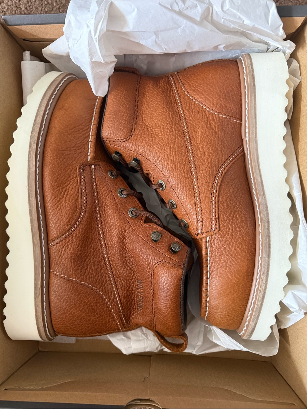 Wolverine Chestnut Leather Moc Toe Boots with White Lug Sole (BRAND NEW)